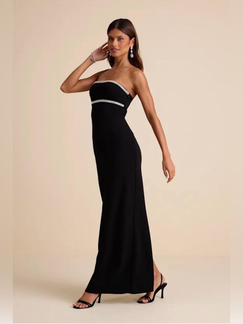 NWT Lulu's Black Strapless Evening Gown with rhinestone-Trim back cutout Small